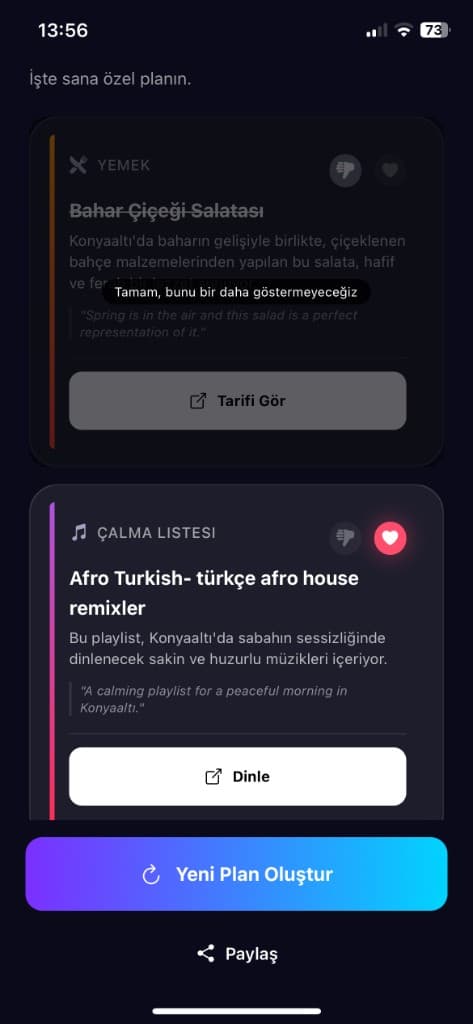 İşte sana özel planın — Yemek ve playlist önerileri
